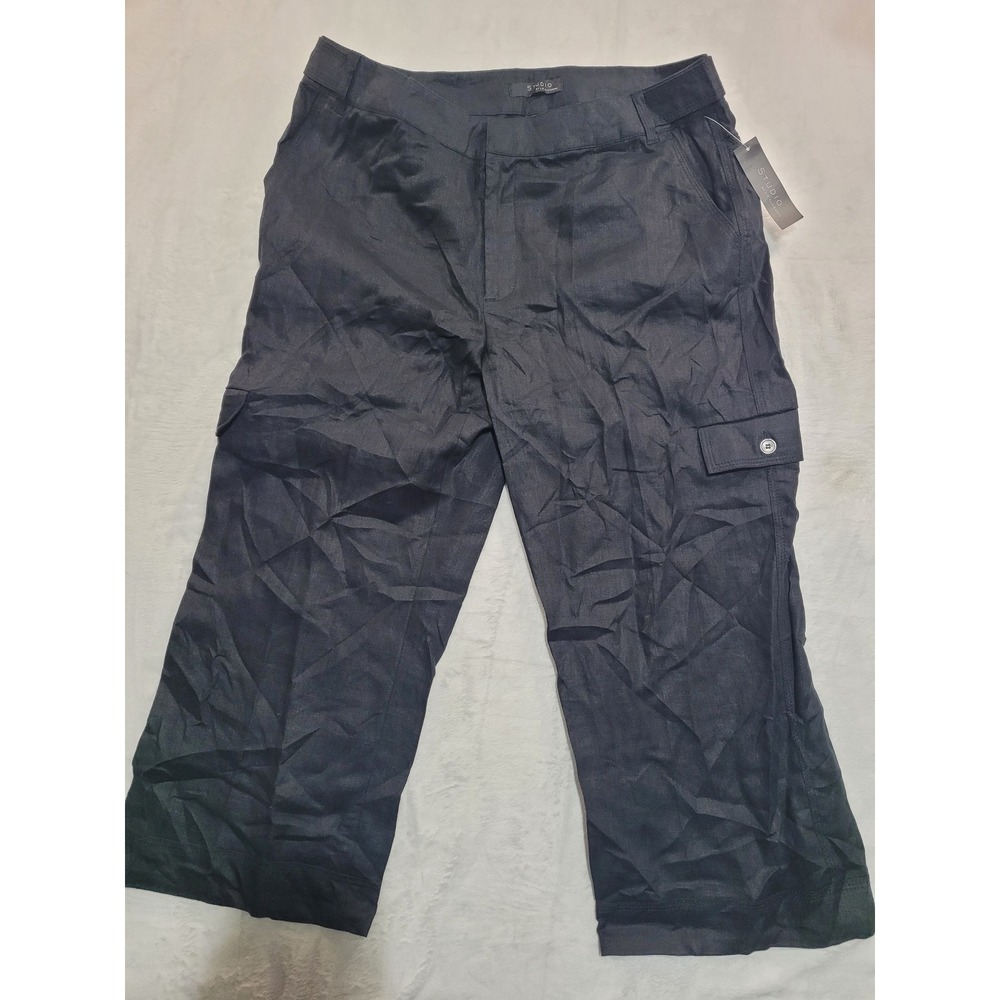 NWT Studio by Liz Claiborne Cargo capri Womens L Black‎ Linen Wide Leg